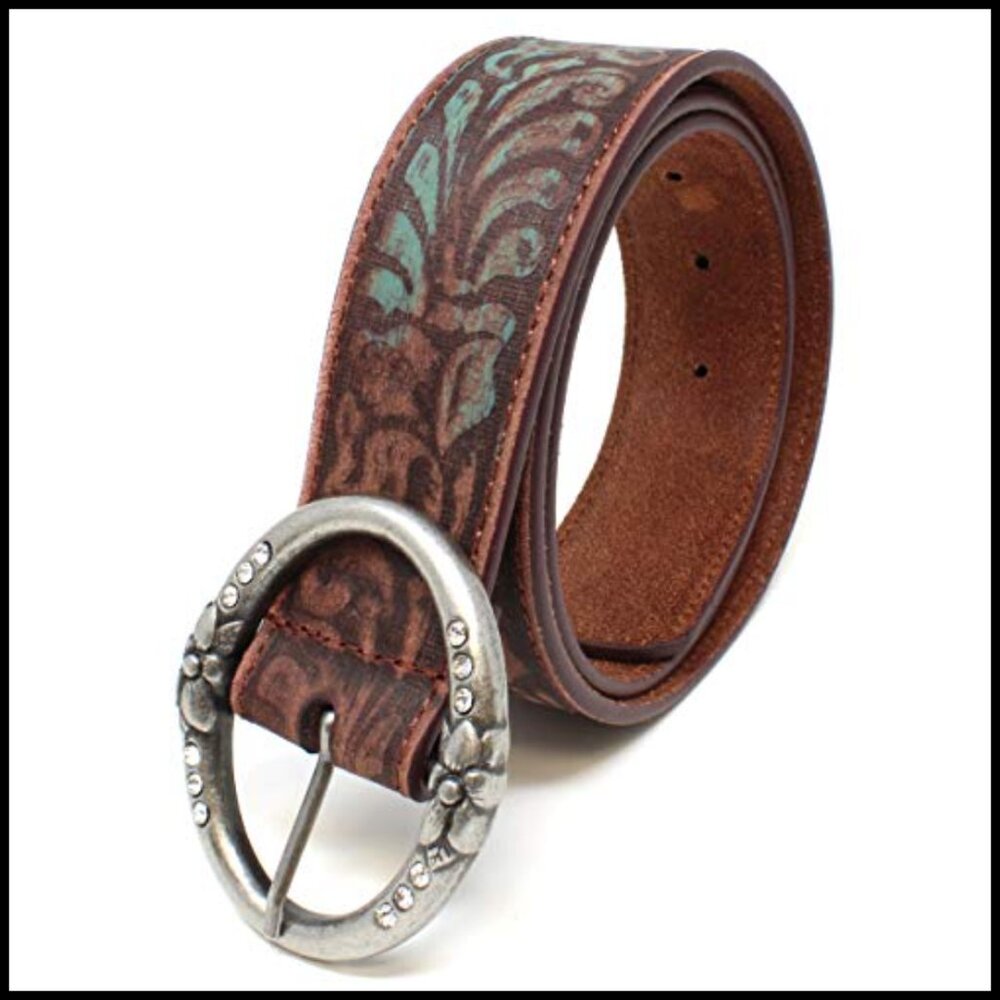 Distressed Leather Belt with Rhinestone Buckle Vintage Western Boho Style - Picture 6 of 7